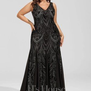 Evening Dress V-neck floor length chiffon Black sequin brand new w/tags size 12